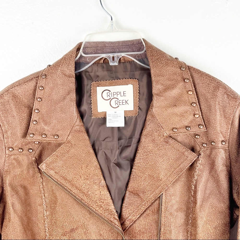 CRIPPLE CREEK Brown 100% Genuine Leather Studded Zip Pockets Jacket Size Medium - Picture 6 of 10